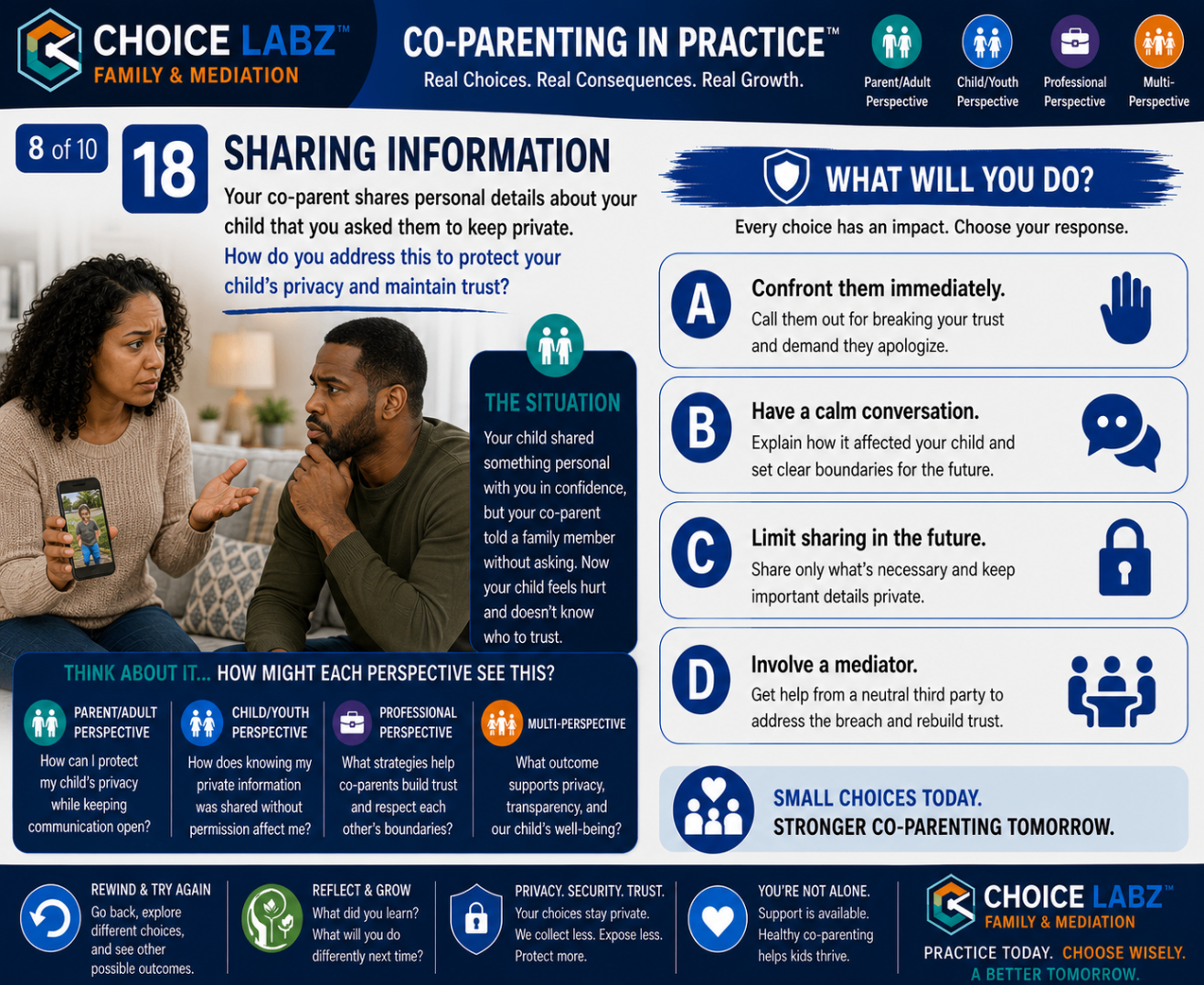 Co-Parenting in Practice™, Scenario 8: Sharing Information. A navy road sign points toward a sunrise over school notices and updates reaching both homes.