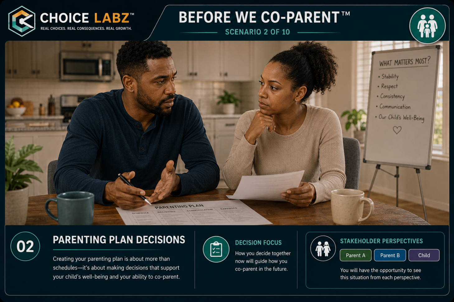 Before We Co-Parent™, Scenario 2: Parenting Plan Decisions. A navy road sign points toward a sunrise over a calendar both parents help plan.