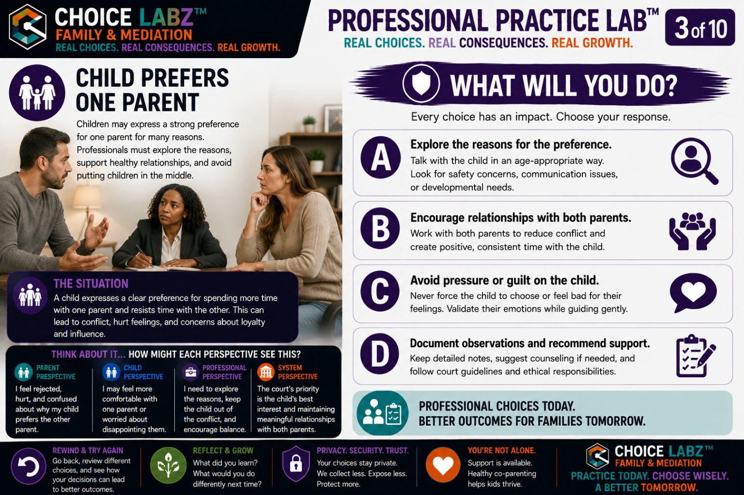 Professional Practice Lab™, Scenario 3: Child Prefers One Parent. A Choice Labz™ decision card about exploring a child's stated preference with care, with four response choices.