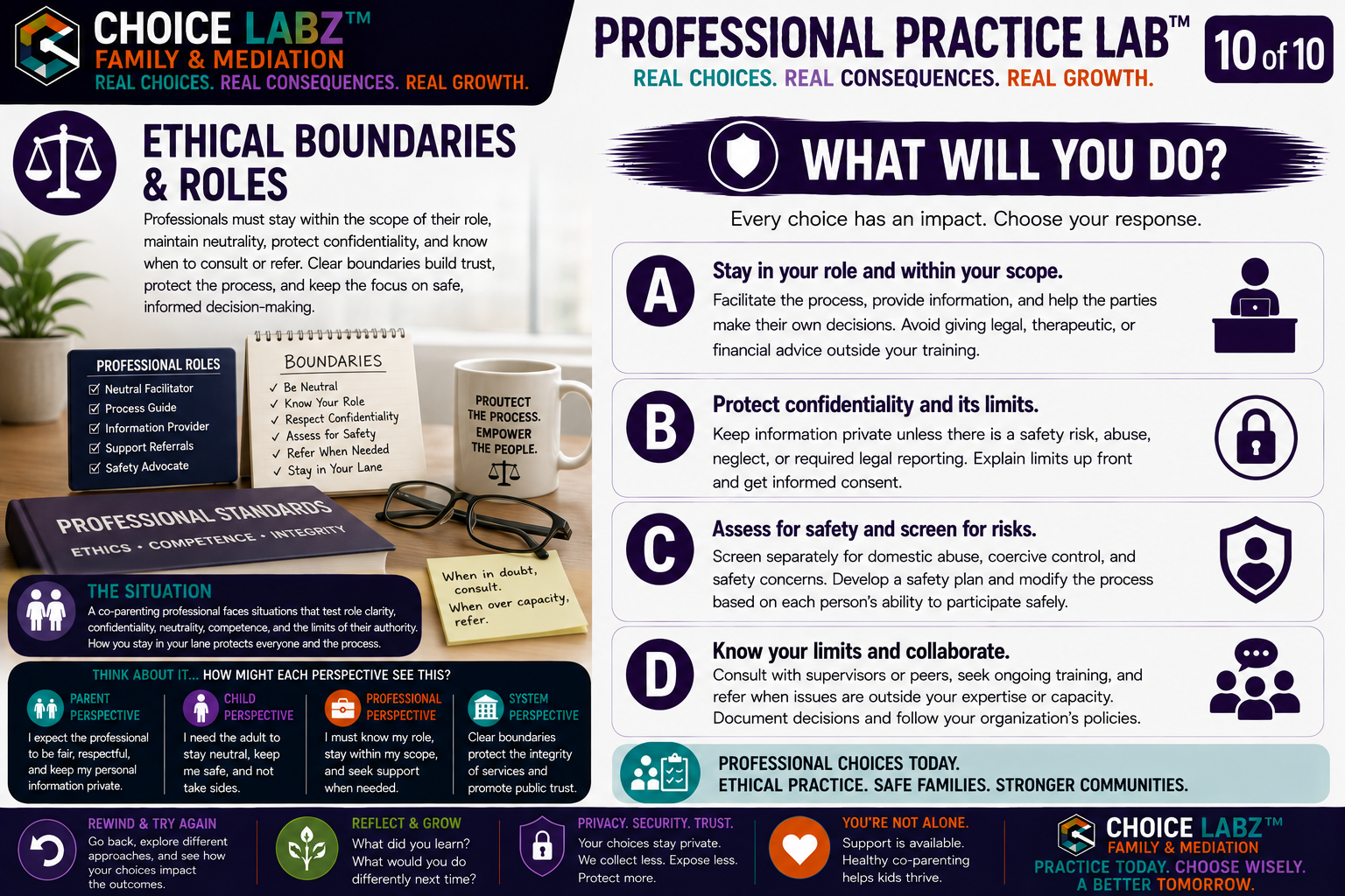 Professional Practice Lab™, Scenario 10: Ethical Boundaries & Roles. A Choice Labz™ decision card about staying within role scope, protecting confidentiality and its limits, screening for safety, and consulting or referring, with four response choices.