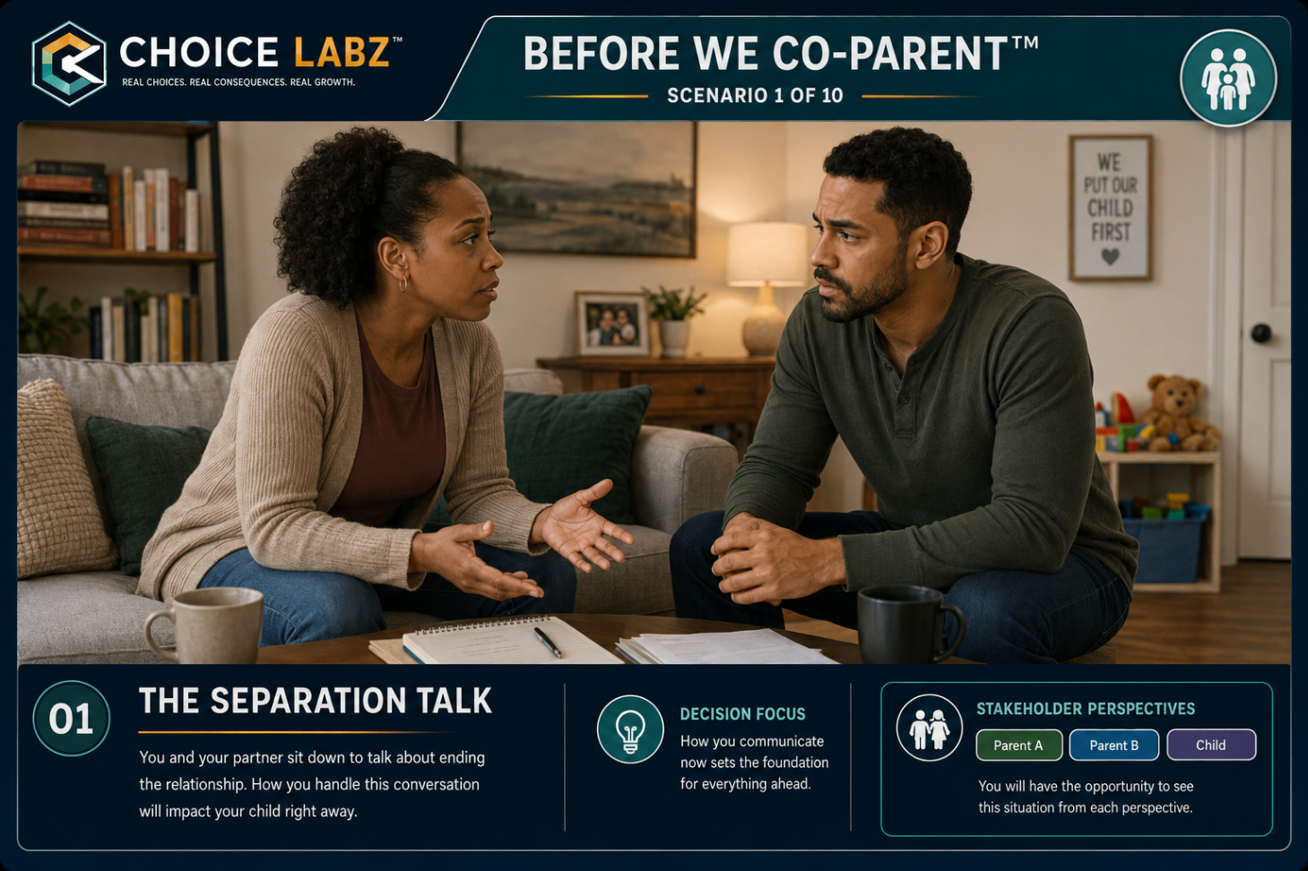 Before We Co-Parent™, Scenario 1: The Separation Talk. A navy road sign points toward a sunrise where two parents talk with their children together.