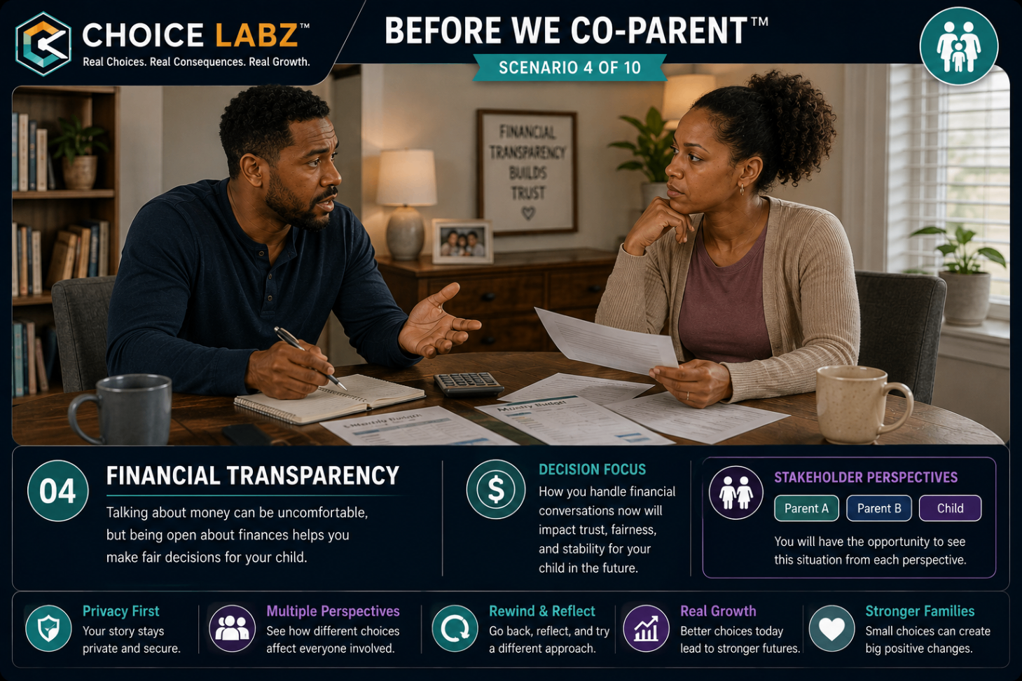 Before We Co-Parent™, Scenario 4: Financial Transparency. A navy road sign points toward a sunrise over an open notebook of shared child expenses.