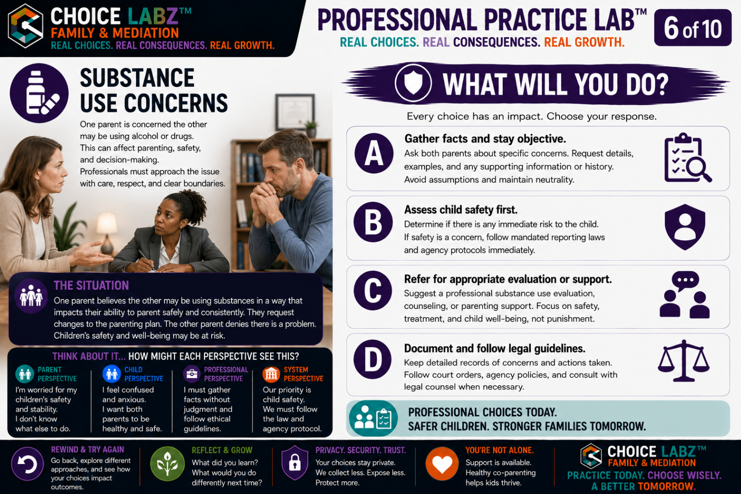 Professional Practice Lab™, Scenario 6: Substance Use Concerns. A Choice Labz™ decision card about handling one parent's concern about the other's substance use, with four response choices.